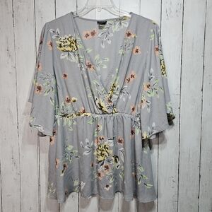 Torrid Women's Gray Floral Faux Wrap Shirt Lightweight Size 3X Flutter Sleeve.